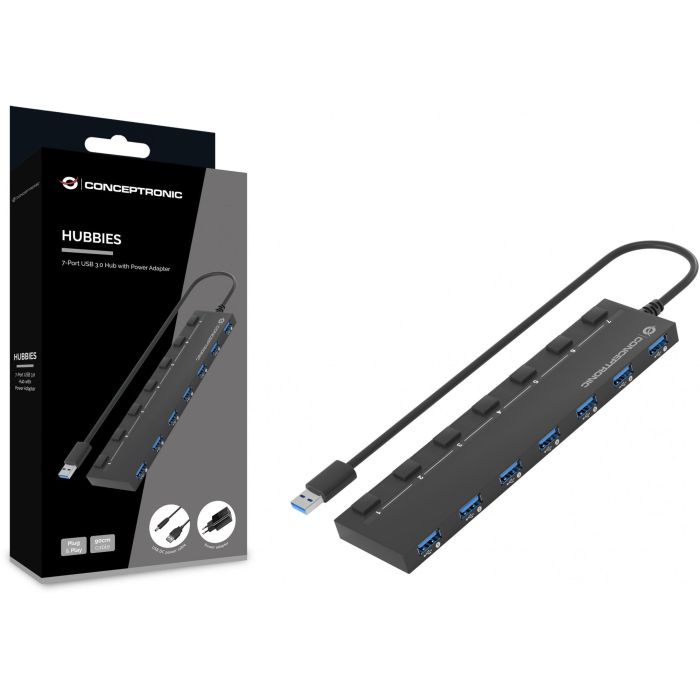 Conceptronic HUBBIES19BP Hub USB 3.2 de 7 Puertos 5 Gbps con Adaptador de Corriente 1