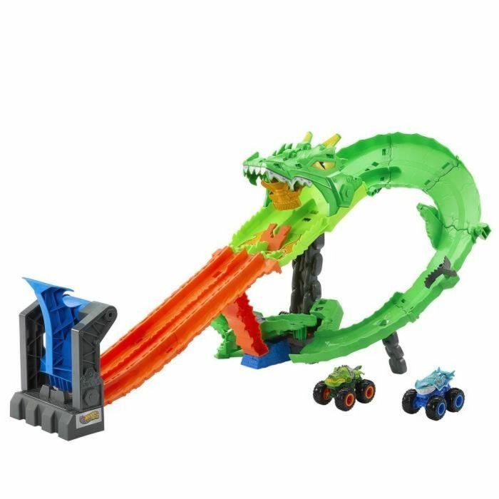 Hot Wheels Monster Trucks Pista Dragon Destruction Sharks vs Dinos. Incluye 2 Coches. Medidas: 53,34x60x35,56 cm. Edad 4+ años 7 Hot Wheels Monster Trucks Pista Dragon Destruction Sharks vs Dinos. Incluye 2 Coches. Medidas: 53,34x60x35,56 cm. Edad 4+ años 7