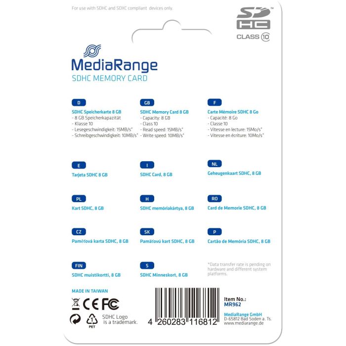 MediaRange MR962 Tarjeta SDHC 8GB Clase 10 Velocidad 15MB/s Azul para Dispositivos Digitales 0 MediaRange MR962 Tarjeta SDHC 8GB Clase 10 Velocidad 15MB/s Azul para Dispositivos Digitales 0
