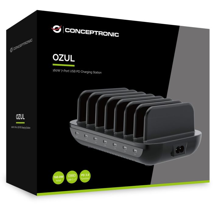 Conceptronic OZUL07B Estación de Carga USB-C 160W con 7 Puertos Power Delivery 3.0 para Portátiles Smartphones y Tablets 2
