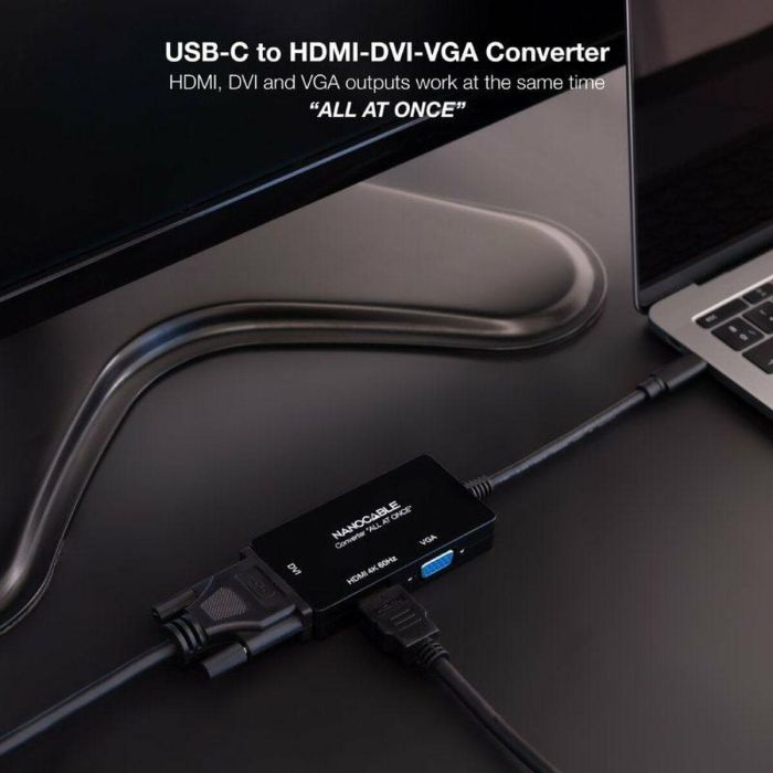 Adaptador USB-C a VGA/HDMI/DVI NANOCABLE 10.16.4301-ALL 20 cm Negro 1 Adaptador USB-C a VGA/HDMI/DVI NANOCABLE 10.16.4301-ALL 20 cm Negro 1