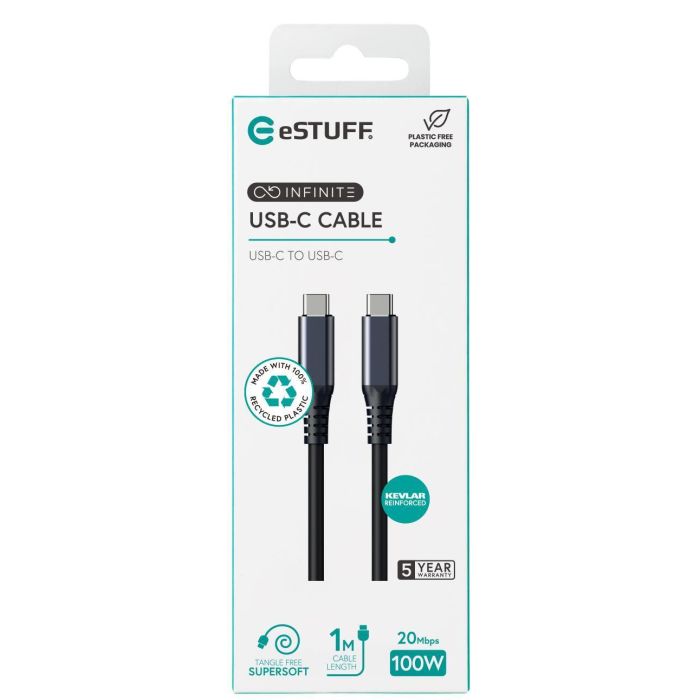 eSTUFF INFINITE Cable USB-C Ultra Flexible USB4 Gen2x2 1m 100W 20Gbps 8K/60Hz, 100% Reciclado Sin PVC y Duradero 2 eSTUFF INFINITE Cable USB-C Ultra Flexible USB4 Gen2x2 1m 100W 20Gbps 8K/60Hz, 100% Reciclado Sin PVC y Duradero 2