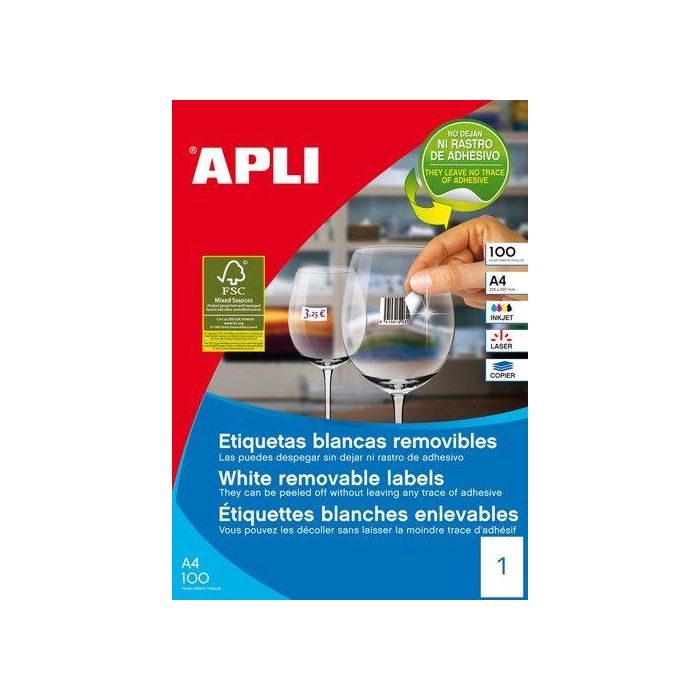Etiquetas Adh.Impr.Apli A4 Blanca C.Rectos Removible Caja 100H 210X297 Mm 100 Uds.(03060)