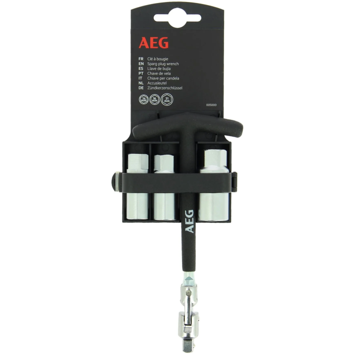 Aeg Llave Bujías Articulada con Rótula y 3 Manguitos 16-18-21mm Mango T Antideslizante Acero Inoxidable 1