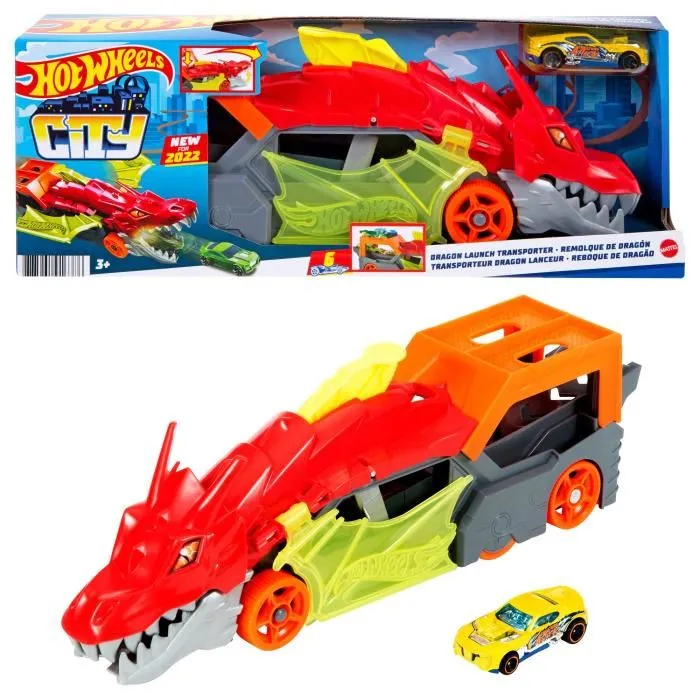 Hot Wheels Transportador de Dragones Juego con 5 Vehículos Rampa Lanzador y 1 Vehículo Incluido 33cm 4