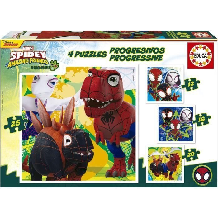 Educa Puzzle Progresivo Dino Spidey, Set 4 Puzzles de 12+16+20+25 Piezas, para Niños +3 Años