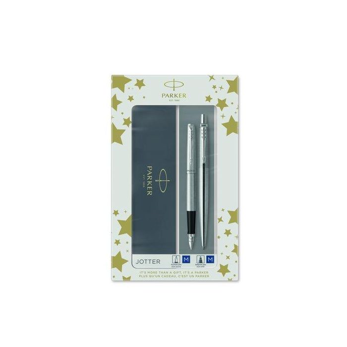 Parker Juego Bolígrafo + Pluma Jotter Acero CT Estuche Pluma Acero Inoxidable Adornos Cromados