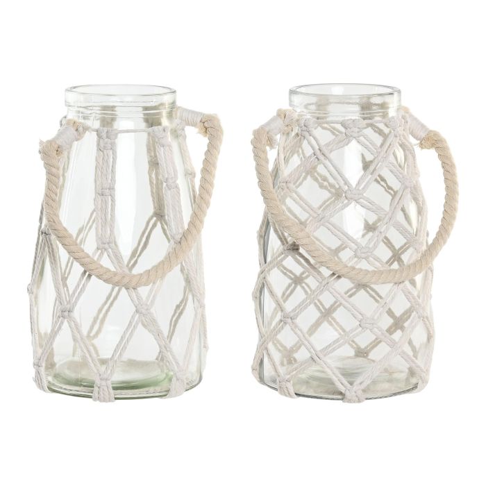 DKD Home Decor Jarrón Mediterráneo de Cristal y Algodón Transparente/Blanco 17 x 26 x 17 cm (6 Unidades)
