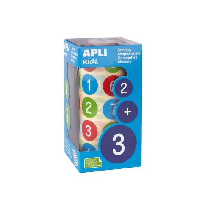 Apli Rollo Gomets Números Redondos 20 mm - 900 gomets, 3 colores, ideal para aprendizaje infantil