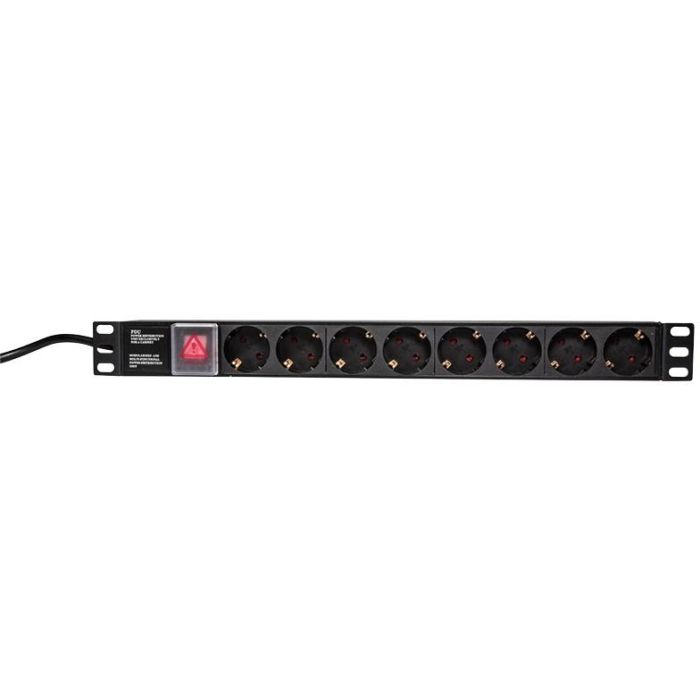 LogiLink PDU8C01 Regleta 19" 1HE 8 Tomas Tipo F con Cable 2m e Interruptor - Aluminio Negro 16A