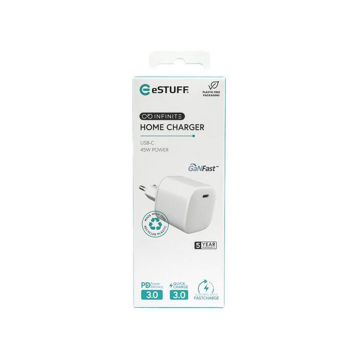 eSTUFF INFINITE Cargador USB-C PD 45W GaN EU, 98% Plástico Reciclado, Blanco, para Smartphones y Tablets 1 eSTUFF INFINITE Cargador USB-C PD 45W GaN EU, 98% Plástico Reciclado, Blanco, para Smartphones y Tablets 1