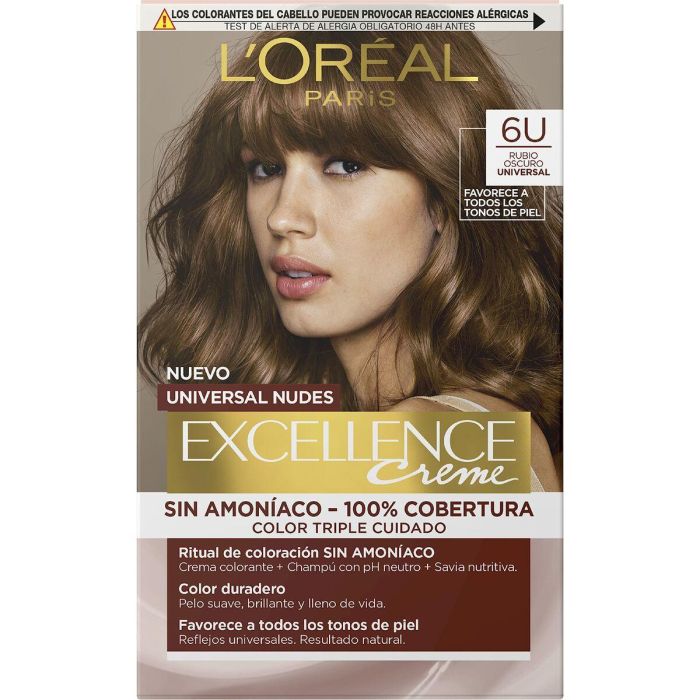 L'Oréal Paris Excellence Nudes Tinte de Pelo #6u Rubio Oscuro (Dark Blonde) Sin Amoniaco Universal Cobertura Total Canas, 5 unidades 2