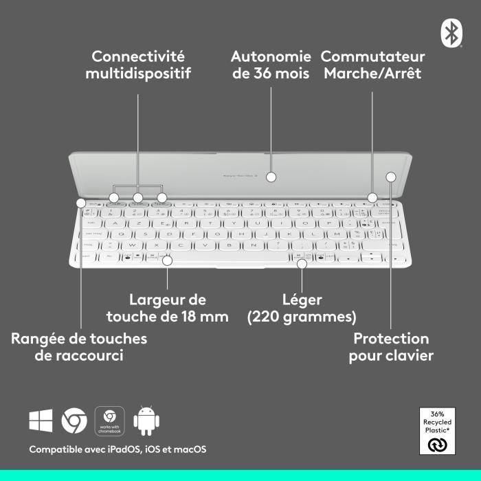 Teclado portátil - Inalámbrico - Logitech - Keys-To-Go 2 - para Tablet - AZERTY - Gris claro 5