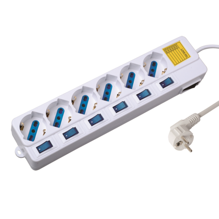 Ewent EW3932 Regleta Limitador de Tensión 2500W, 6 Tomas Tipo F, 1.5m, Blanco, Interruptores Individuales, Protección Infantil