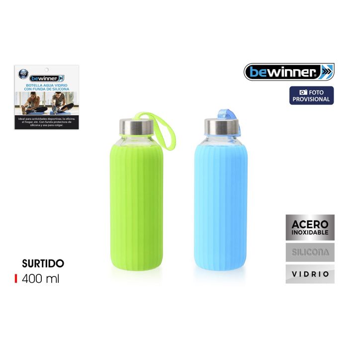 Botella de Agua de Vidrio con Silicona 400 ml Bewinner - Inde (24 Unidades) Botella de Agua de Vidrio con Silicona 400 ml Bewinner - Inde (24 Unidades)