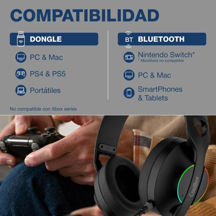 Coolbox Auriculares WB01 Inalámbricos Bluetooth 5.4 con Micrófono Extraíble y RGB - Negro 7