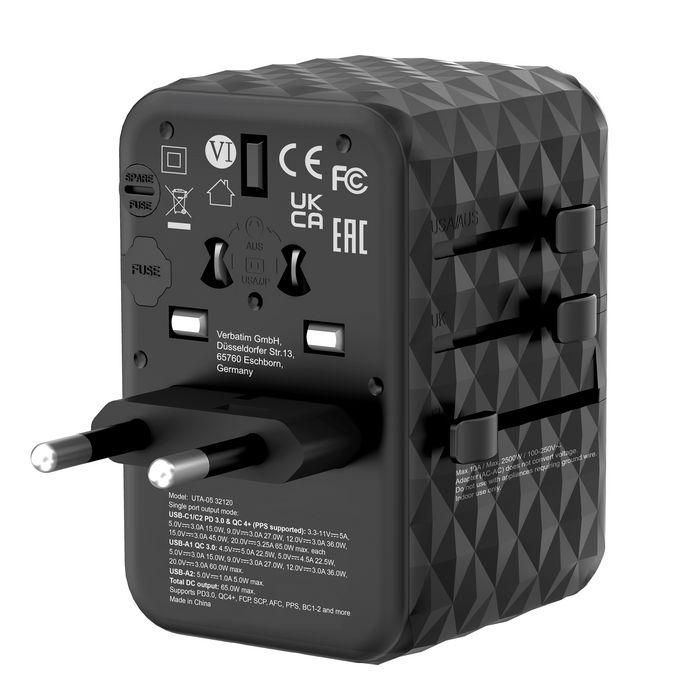 Verbatim Adaptador Universal de Viaje UTA-05 con 2 Puertos USB-C (65W PD/PPS/QC4+) y 2 Puertos USB-A (60W QC3.0), Negro 10