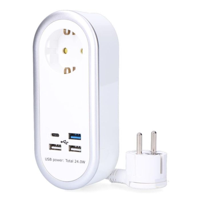 Prolongador con 1 toma 2p+t schuko, 4 usb (3 x a + 1 x c), 16 a 250 v, cable h05vv-f, 3g1,5mm² de 1,5 m, blanco 0 Prolongador con 1 toma 2p+t schuko, 4 usb (3 x a + 1 x c), 16 a 250 v, cable h05vv-f, 3g1,5mm² de 1,5 m, blanco 0
