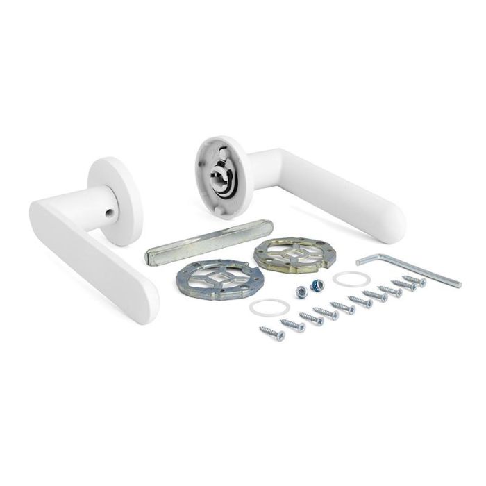 Jandel 1320 Juego de Manivelas Shape Aluminio Roseta Redonda Ø50mm Perfil Ultrafino 5mm Blanco Mate para Puertas Hogar y Oficina 2