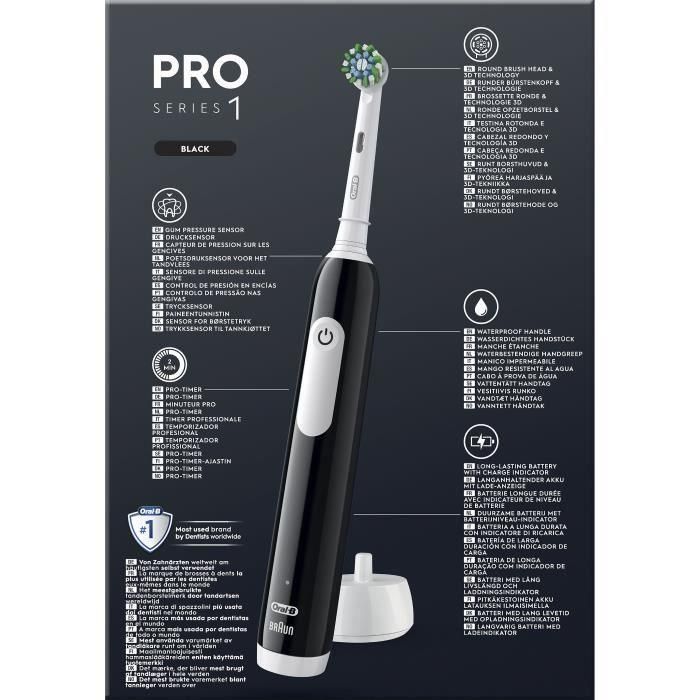 Cepillo de dientes eléctrico - ORAL-B - Pro 1 - Negro - Sensor de presión 360 - 7 días de duración de la batería 3