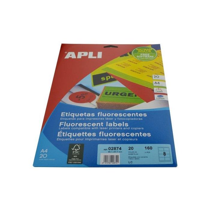 Apli Etiquetas Adhesivas 99,1x67,7 mm Láser Cantos Romos Amarillo Fluorescente 8 x 20H