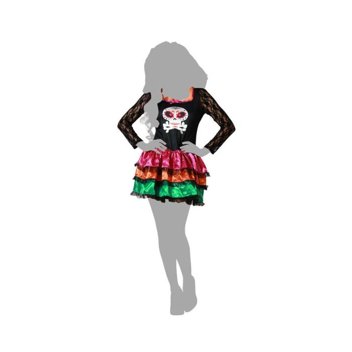 Disfraz de Vestido Negro con Estampado de Calavera y Volantes Multicolor para Mujer Adulta Tallas XS-S - Halloween y Día de Muertos 4