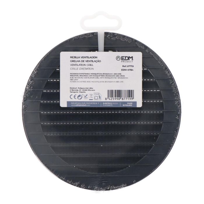 Edm Rejilla ventilación redonda empotrable con mosquitera ABS gris antracita Ø120mm 2