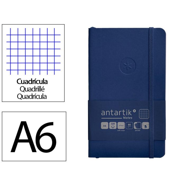 Cuaderno Con Gomilla Antartik Notes Tapa Blanda A6 Cuadricula Azul Marino 100 Hojas 80 gr Fsc