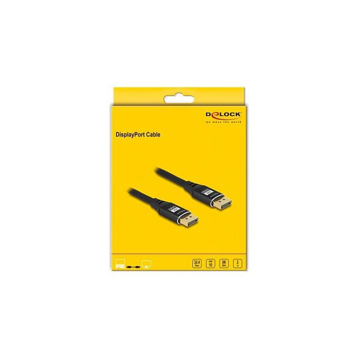 DeLOCK Cable DisplayPort 1.4 (8K @60Hz, 7680x4320, 32.4 Gbit/s, 2m) Macho-Macho, Doble Blindaje, Negro, Plug and Play 2 DeLOCK Cable DisplayPort 1.4 (8K @60Hz, 7680x4320, 32.4 Gbit/s, 2m) Macho-Macho, Doble Blindaje, Negro, Plug and Play 2