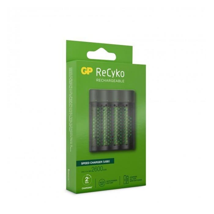 GP M451 Cargador Rápido de Pilas AA/AAA, incluye 4 Pilas Recargables NiMH AA 2600mAh, Negro/Verde, con Organizador 3