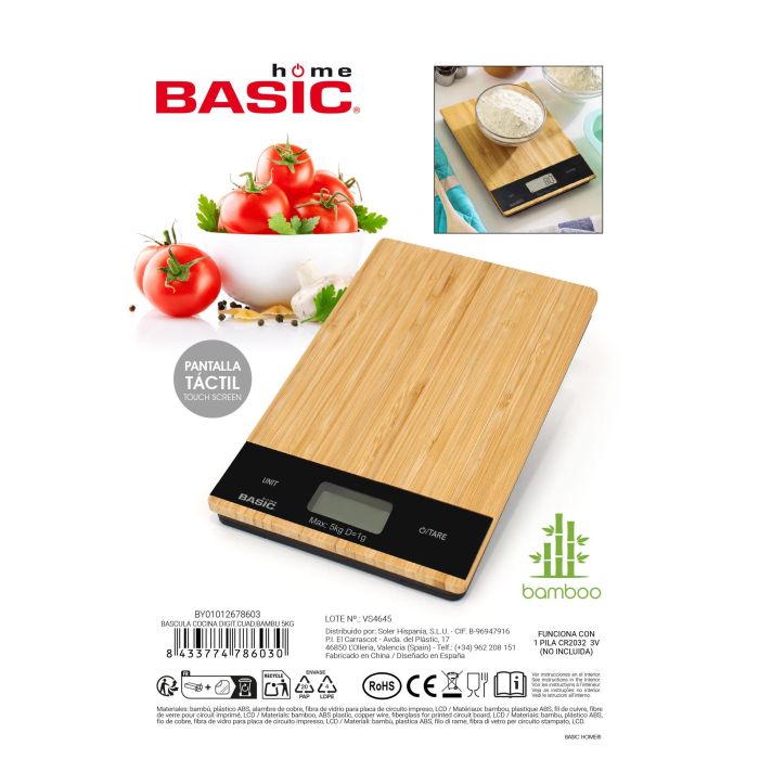 Inde Báscula Cocina Digital Cuadrada Bambú 5Kg Basic Home 10