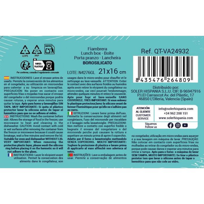 Fiambrera rectangular con tapa Quttin 21x16.1 cm, 1L (6 Unidades) 9
