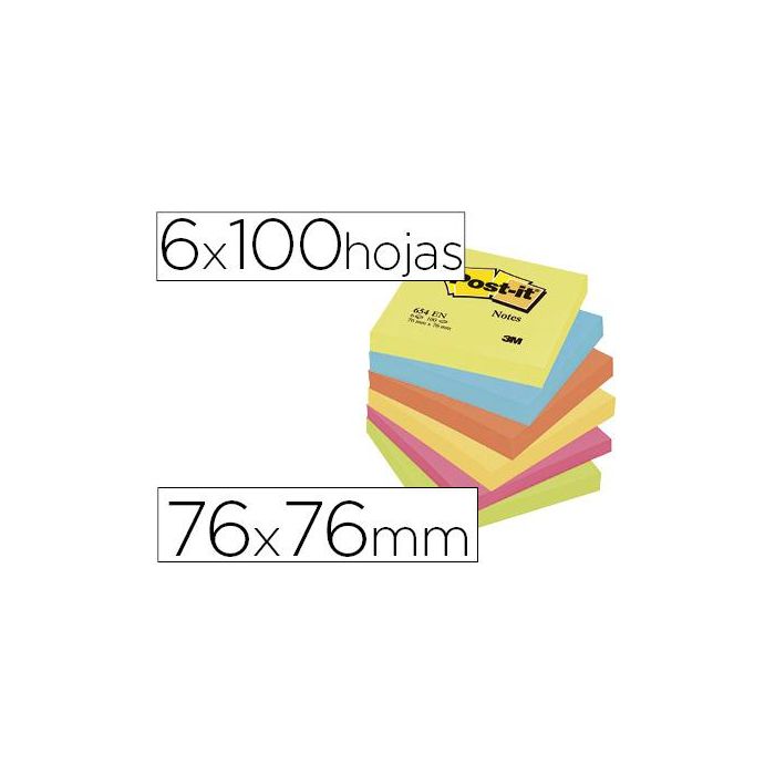 Bloc De Notas Adhesivas Quita Y Pon Post-It 76x76 mm Neon Pack De 6 Blocs Surtido