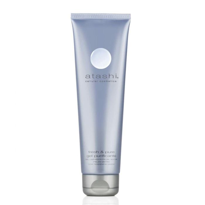 Atashi FRESH & PURE Gel Purificante Limpiador Facial para Piel Mixta Grasa con Ácido Glicólico y Células Madre de Lila, Tratamiento Noche 150 ml