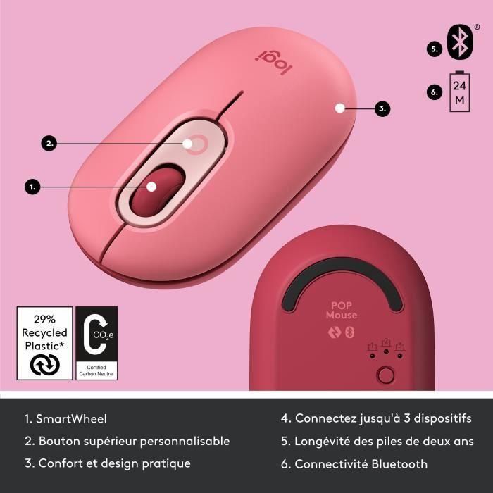 Ratón inalámbrico Logitech POP Mouse con emojis personalizables, Bluetooth, USB, multidispositivo - Rosa 5