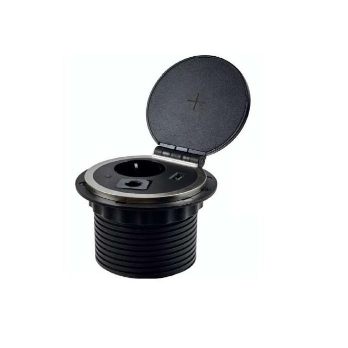 ILIMINACION Y ACC. Módulo de Enchufes Flap New Empotrable con 1 Toma Schuko, USB y Carga Inalámbrica, 3500W, Ø80mm para Cocina y Oficina