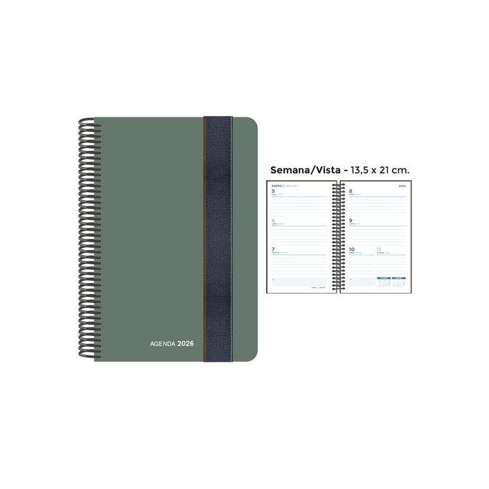 Agenda Anual (2026) Senfort Foam Espiral Tapa Pp Con Goma 135X210 S/V Verde
