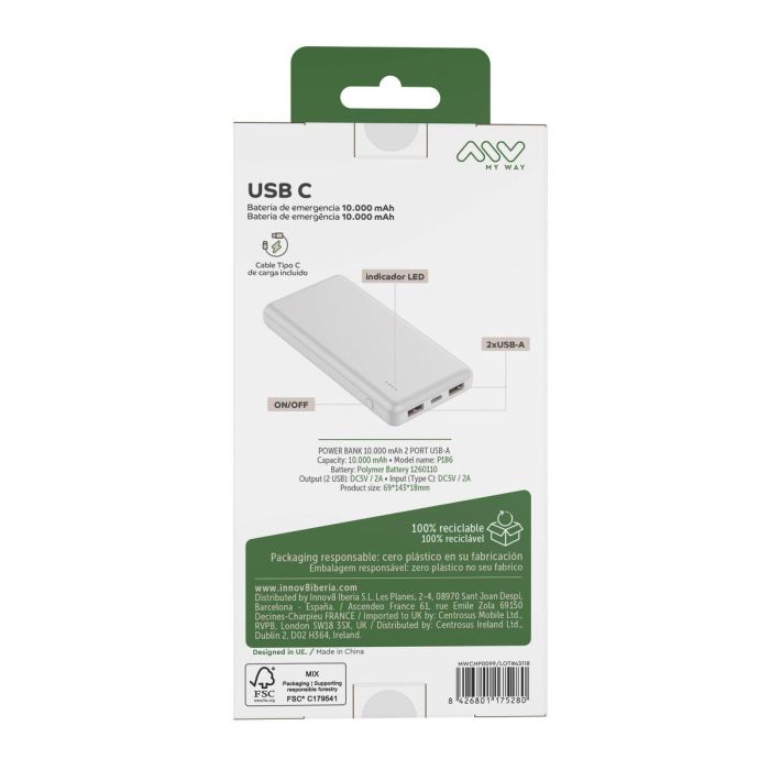 Myway power bank 10.000 mAh USB 2 puertos 2A + cable tipo C blanca 3