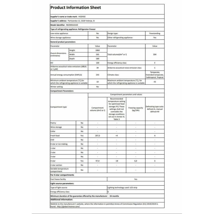 Frigorífico combinado Hisense RB390N4AWE  186 Blanco 304 L 4