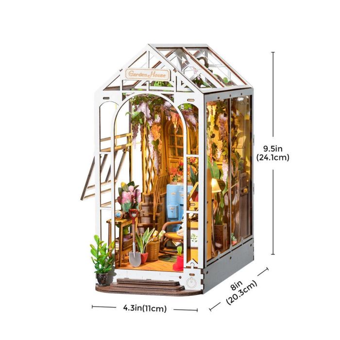 ROBOTIME Maqueta Sujetalibros Casa de las Flores 240pzs con Iluminación LED Invernadero de Madera Montaje Creativo