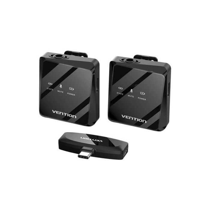 Vention NCBB0 Micrófono Inalámbrico de Clip USB-C 2 unidades con Receptor para Smartphones/Tablets, Cancelación Ruido, 26h Batería, 50m Rango, Negro