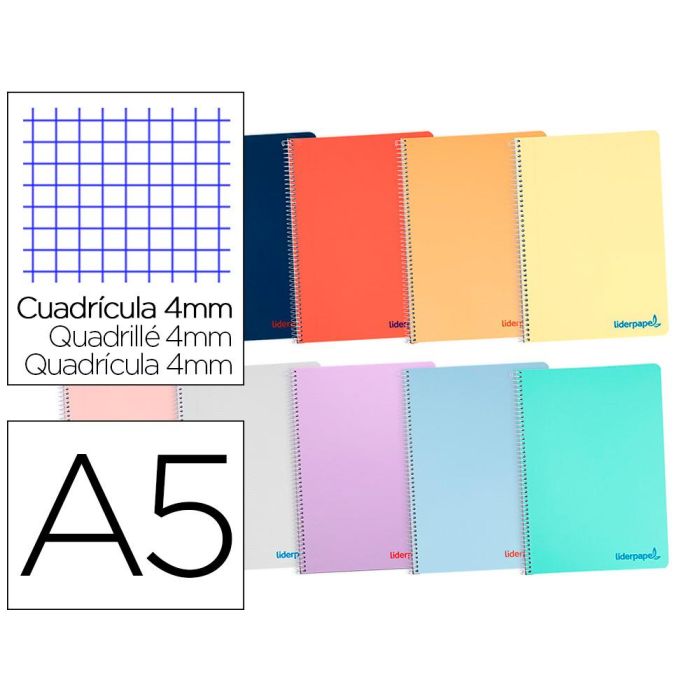 Cuaderno Espiral Liderpapel A5 Wonder Tapa Plastico 80H 90 gr Cuadro 4 mm Con Margen Colores Surtidos 5 unidades