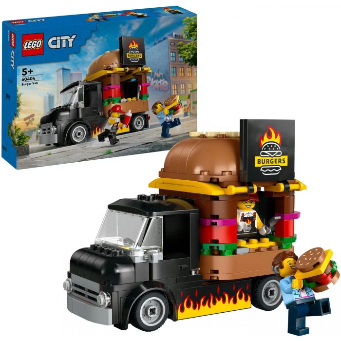LEGO 60404 Camión Hamburguesería City, Puesto de comida móvil con forma de hamburguesa gigante y minifiguras +5 años 13
