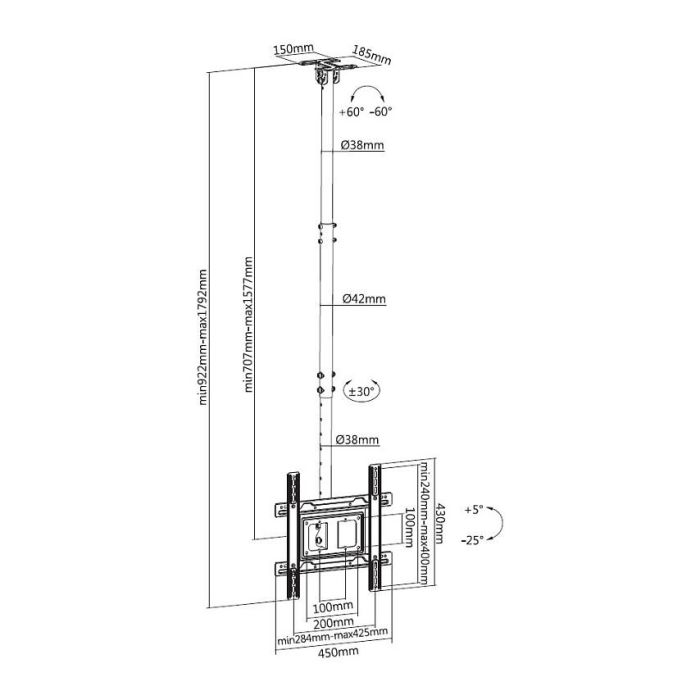 EQUIP Soporte TV Techo 650321 para Pantallas de 32"-70", 50kg, Negro, Inclinable 11