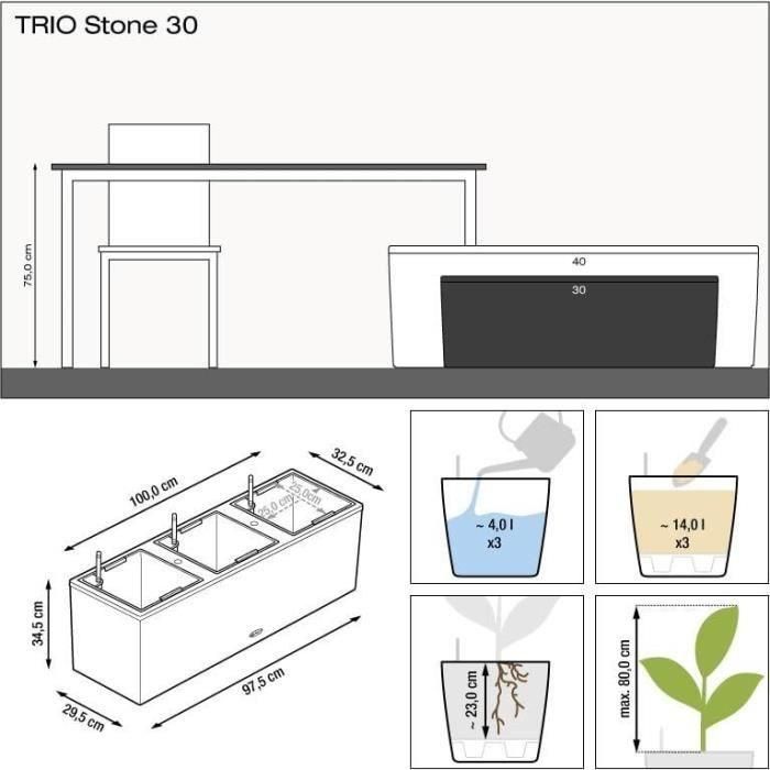 Jardinera LECHUZA Trio Stone 30 - kit completo, gris piedra - Con reserva de agua - Plástico - Rectangular 2