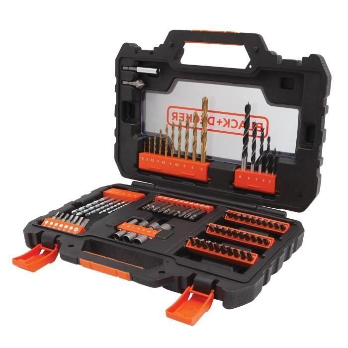 Black + Decker A7231 Caja 76 accesorios para taladro y atornillador con brocas (madera, hormigón, HSS-TiN) y puntas de destornillador
