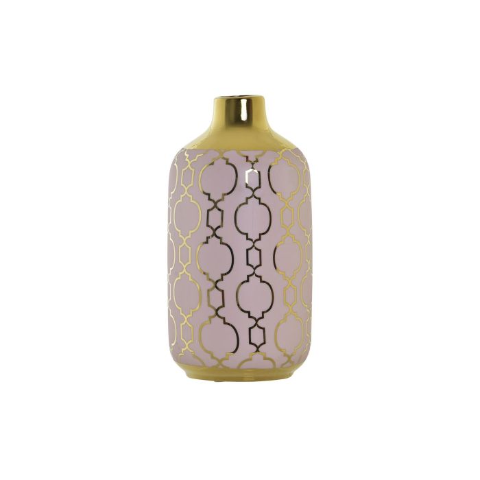 DKD Home Decor Jarrón Oriental de Porcelana, Diseño Elegante en Rosa y Dorado, Ideal para Decoración del Hogar, 13 x 26 x 13 cm