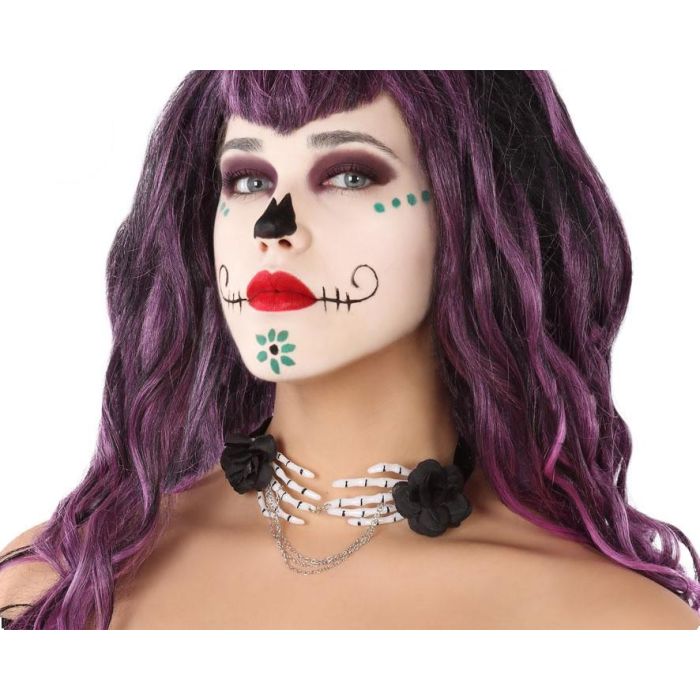 Collar Gótico Manos De Esqueleto Con Flores Negras Para Mujer Elegante Diseño Macabro