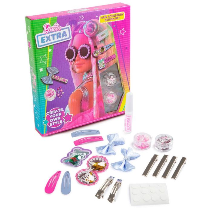MATTEL Set Accesorios Pelo Barbie - 10 Clips, Lazos, Perlas, Gemas y Pegamento para Niñas 3+ Años