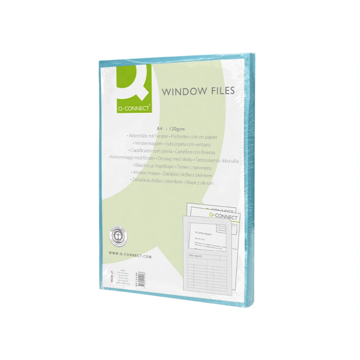 Q-connect Subcarpeta Cartulina A4 Azul con Ventana Transparente, 120 g/m² 2